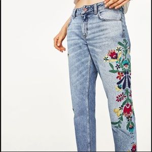 Zara Mid-Rise Floral Embroidered Jeans